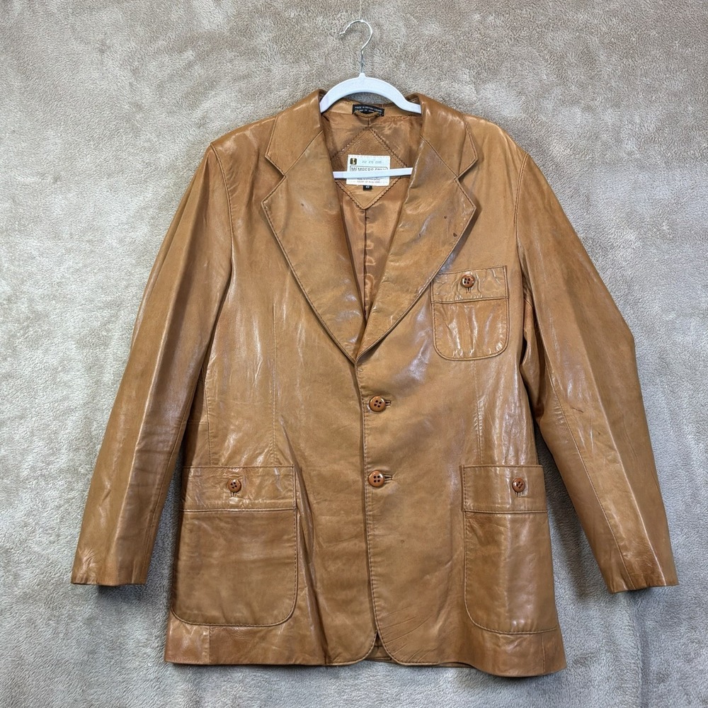 Vintage Men's 70s-80s Leather Blazer‎ Jacket Sz 42 Camel Retro Hipster READ